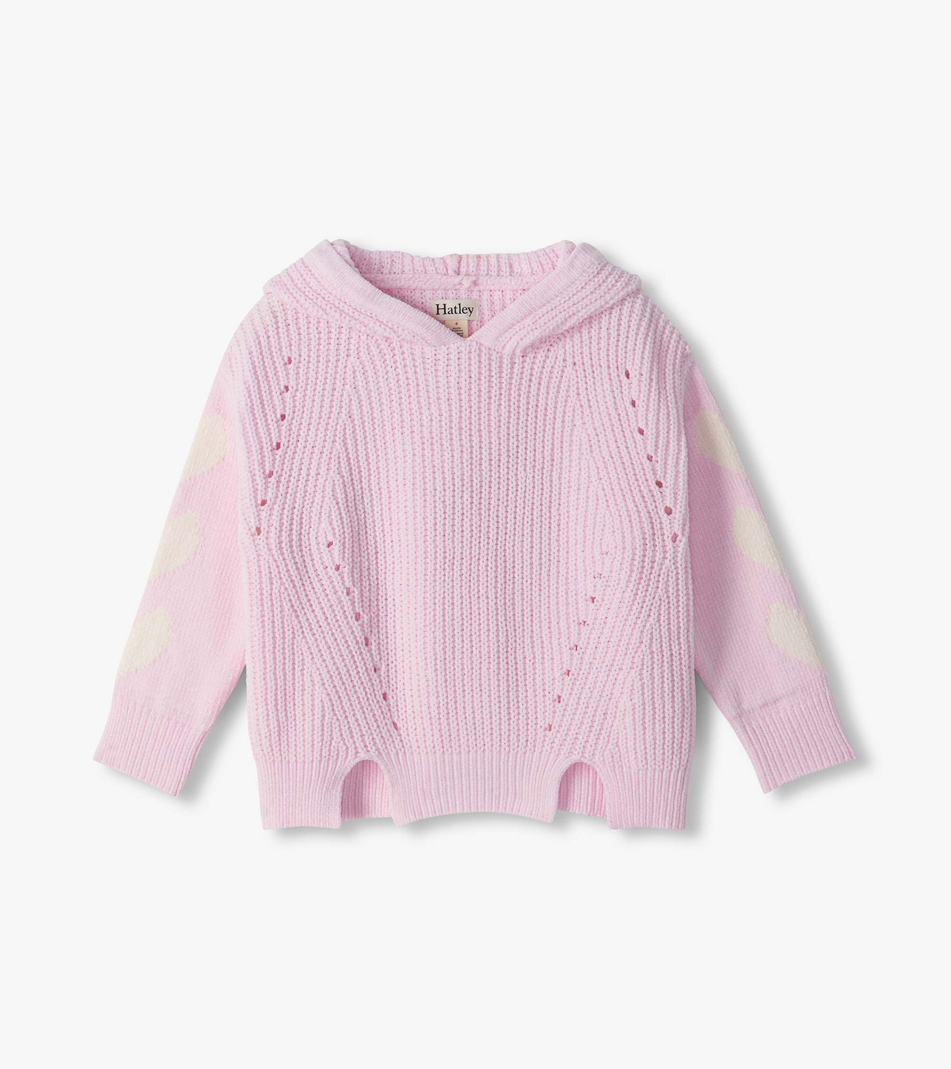 Front view of girls pink hooded pullover sweater with pointelle knit, cream heart sleeve details, and side-slit hem