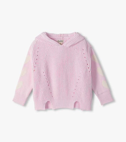 Front view of girls light pink hooded pullover sweater with cream heart sleeves and side slits