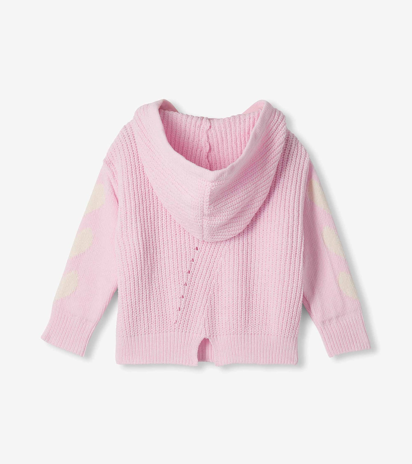 Back view of girls pink hooded pullover sweater with cream heart details on the sleeves and side-slit hem