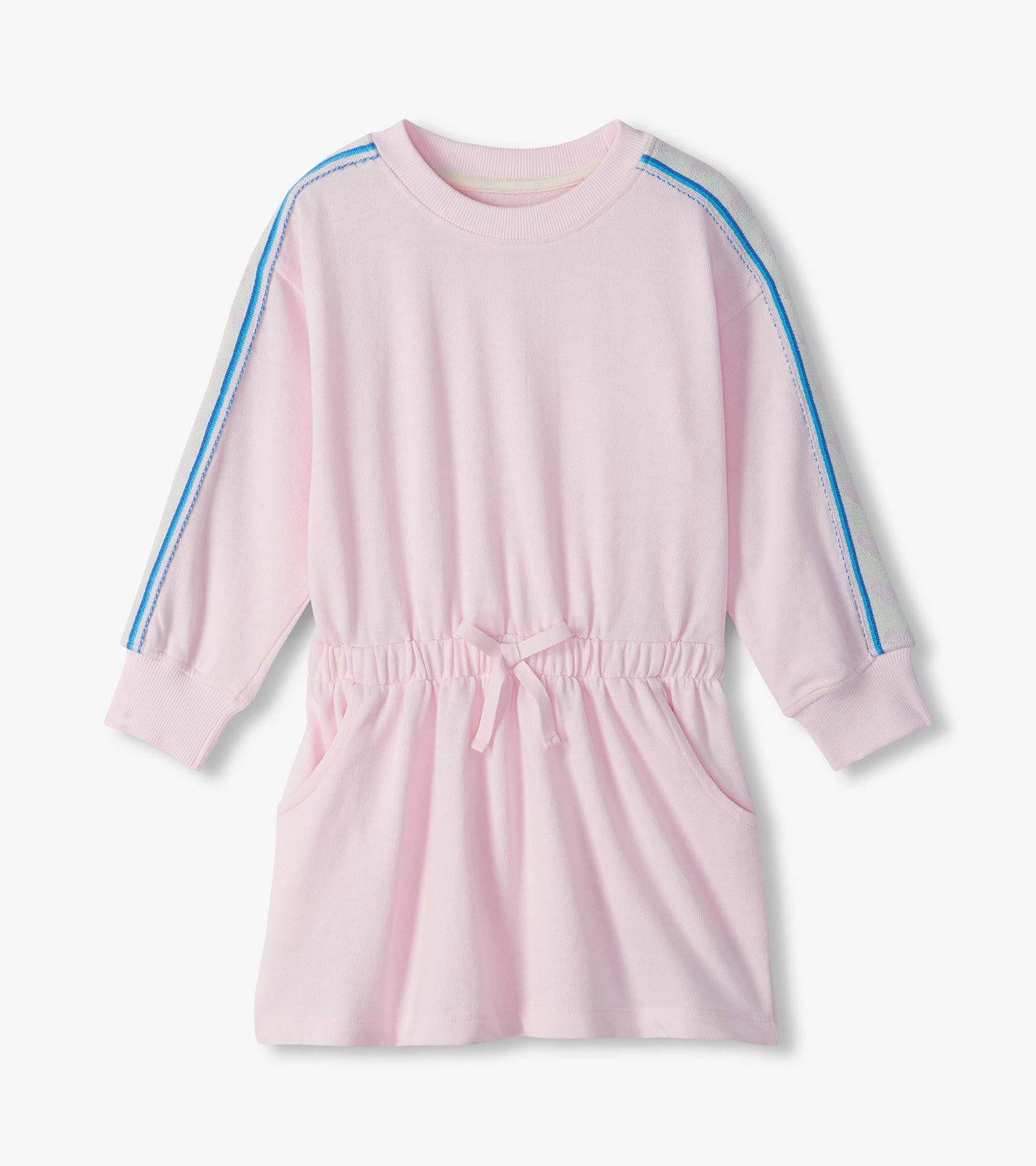 Girls pink sweatshirt dress with blue and white sleeve stripes, elastic waist, bow tie and front pockets