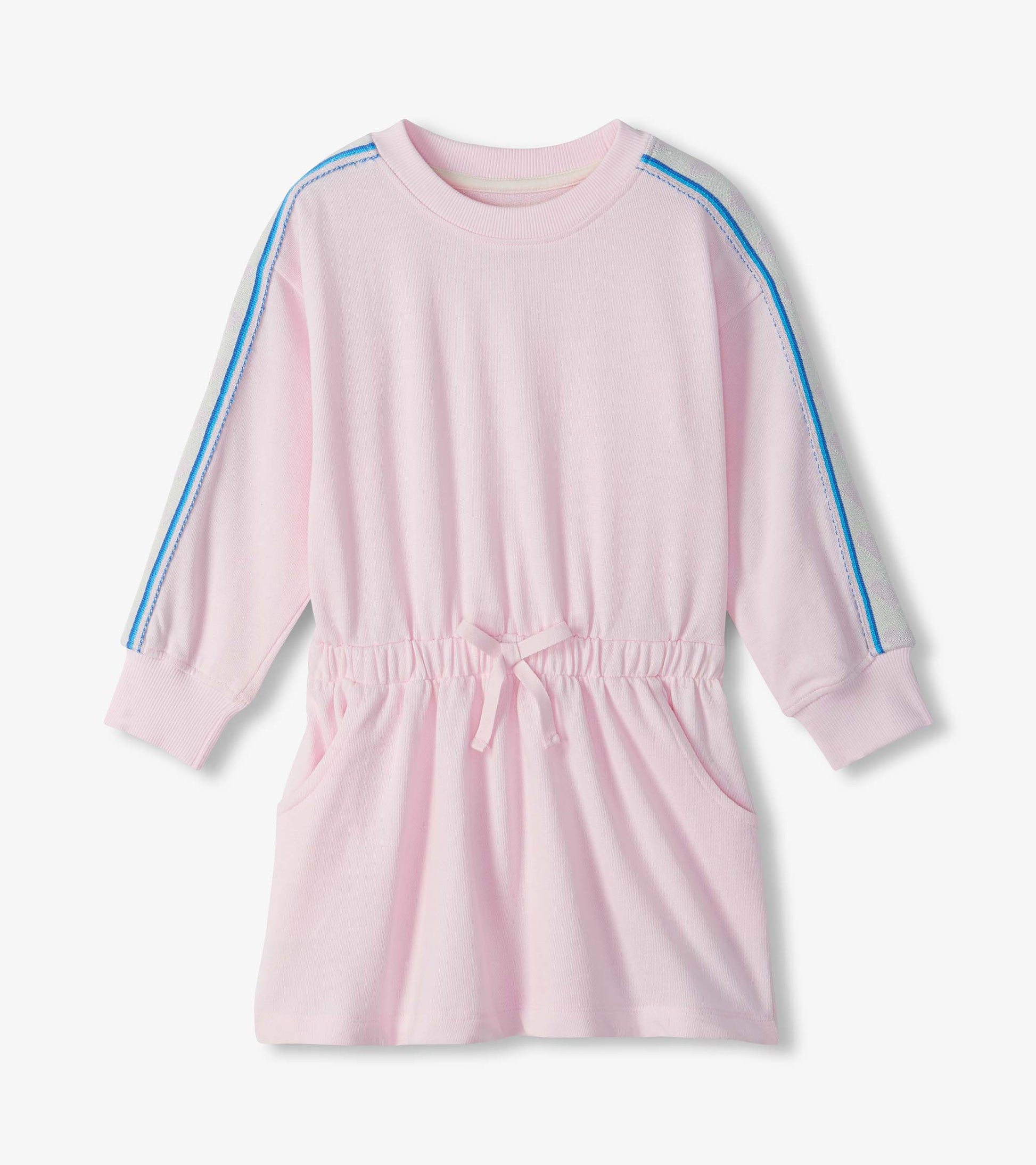Girls pink sweatshirt dress with blue and white sleeve stripes, elastic waist, bow tie and front pockets