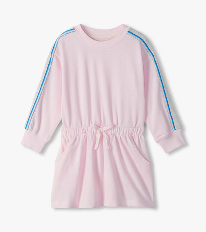 Girls pink sweatshirt dress with blue and white sleeve stripes, elastic waist, bow tie and front pockets