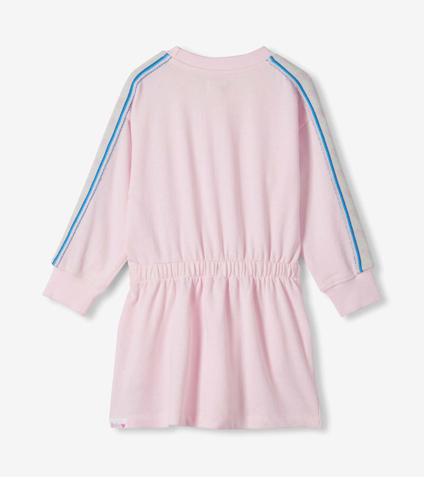 Back view of girls pink sweatshirt dress with blue and white sleeve stripes and elastic waist
