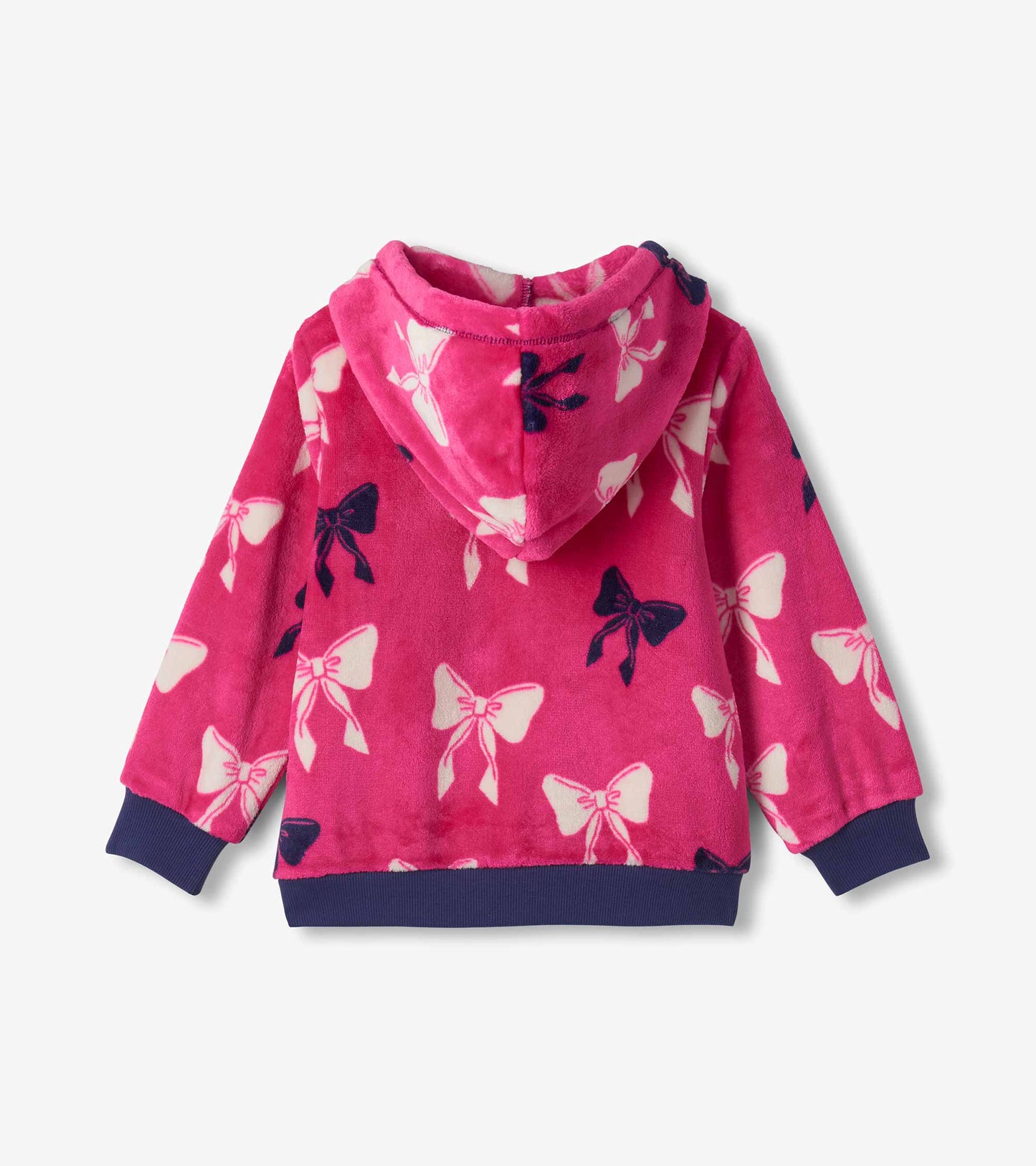 Back view of bright pink hooded fleece with white and navy bow print and navy ribbed cuffs and hem
