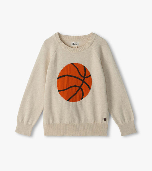 Kids cream crew neck sweater with long sleeves and large orange basketball graphic on the front