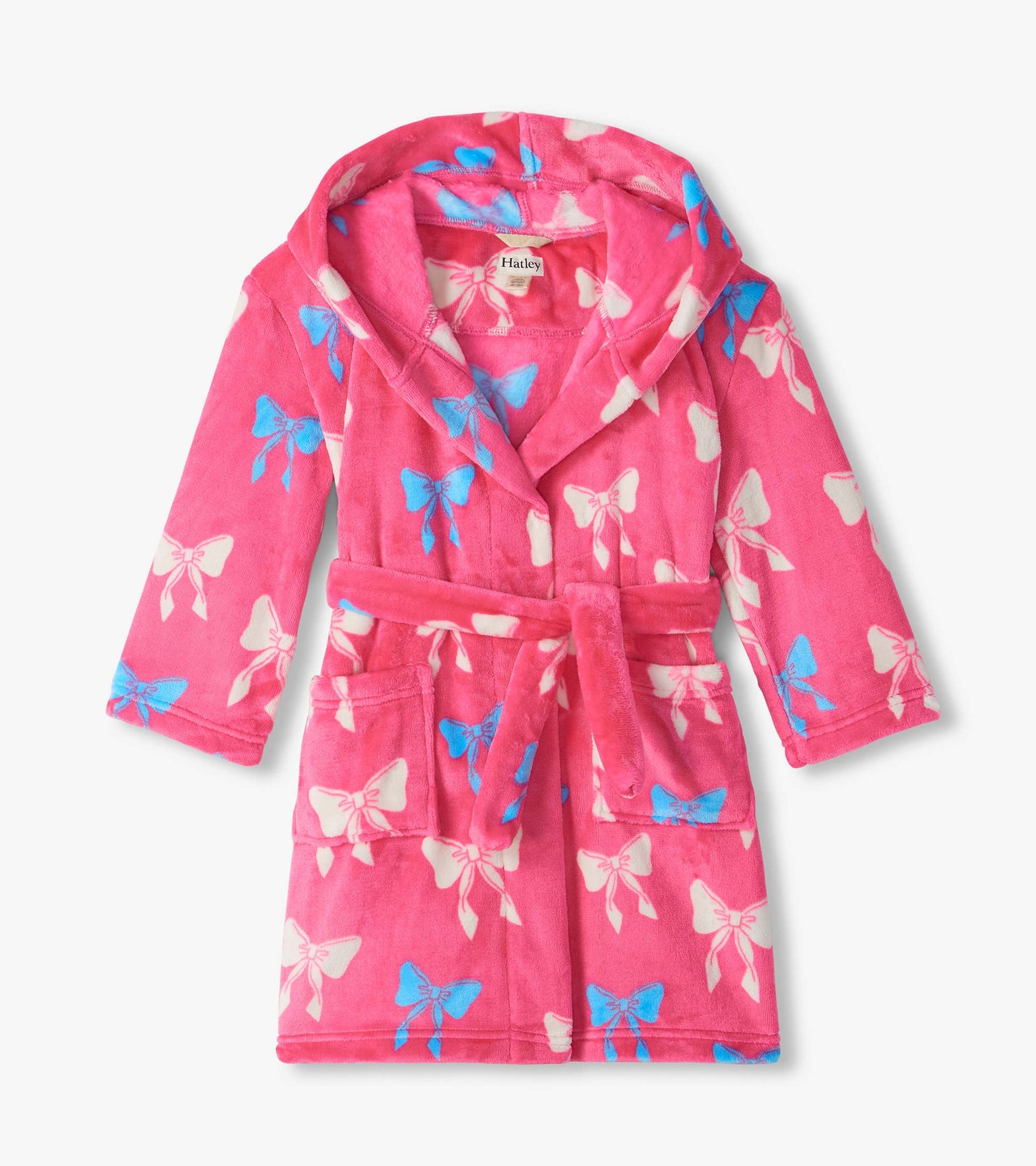 Kids pink robe with white and blue bow print, shawl collar, tie waist, and front patch pockets