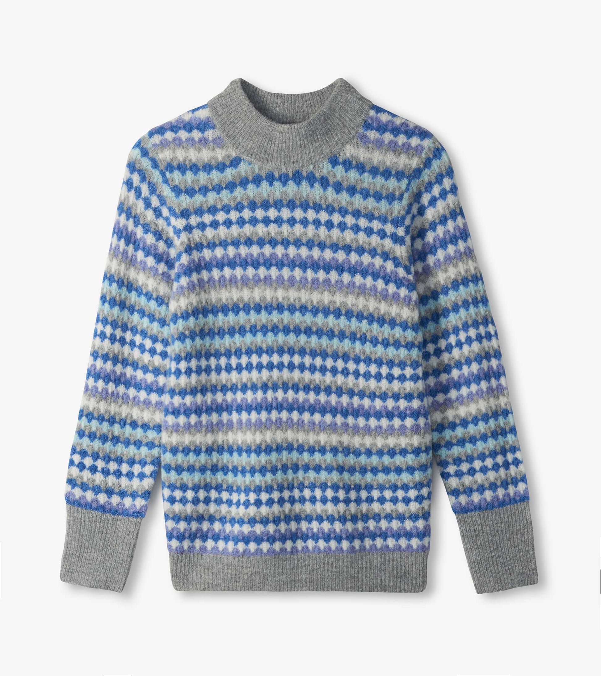 Blue ombre sweater laid flat with dotted stripe pattern and gray mock neck, cuffs and hem