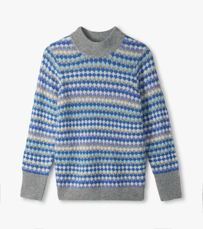 Blue ombre sweater laid flat with dotted stripe pattern and gray mock neck, cuffs and hem