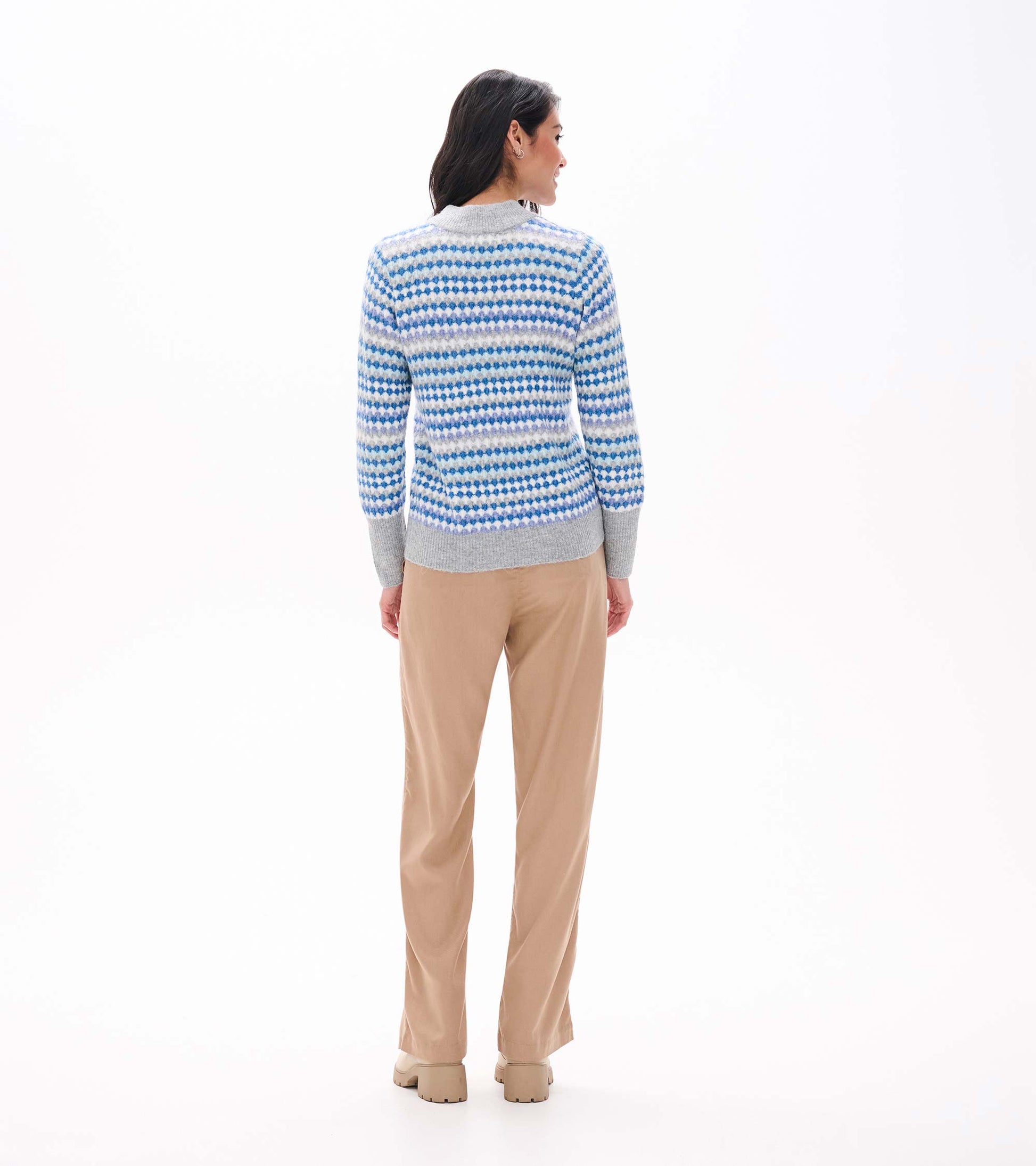 Back view of blue ombre sweater with dotted stripe pattern and gray mock neck, cuffs and hem