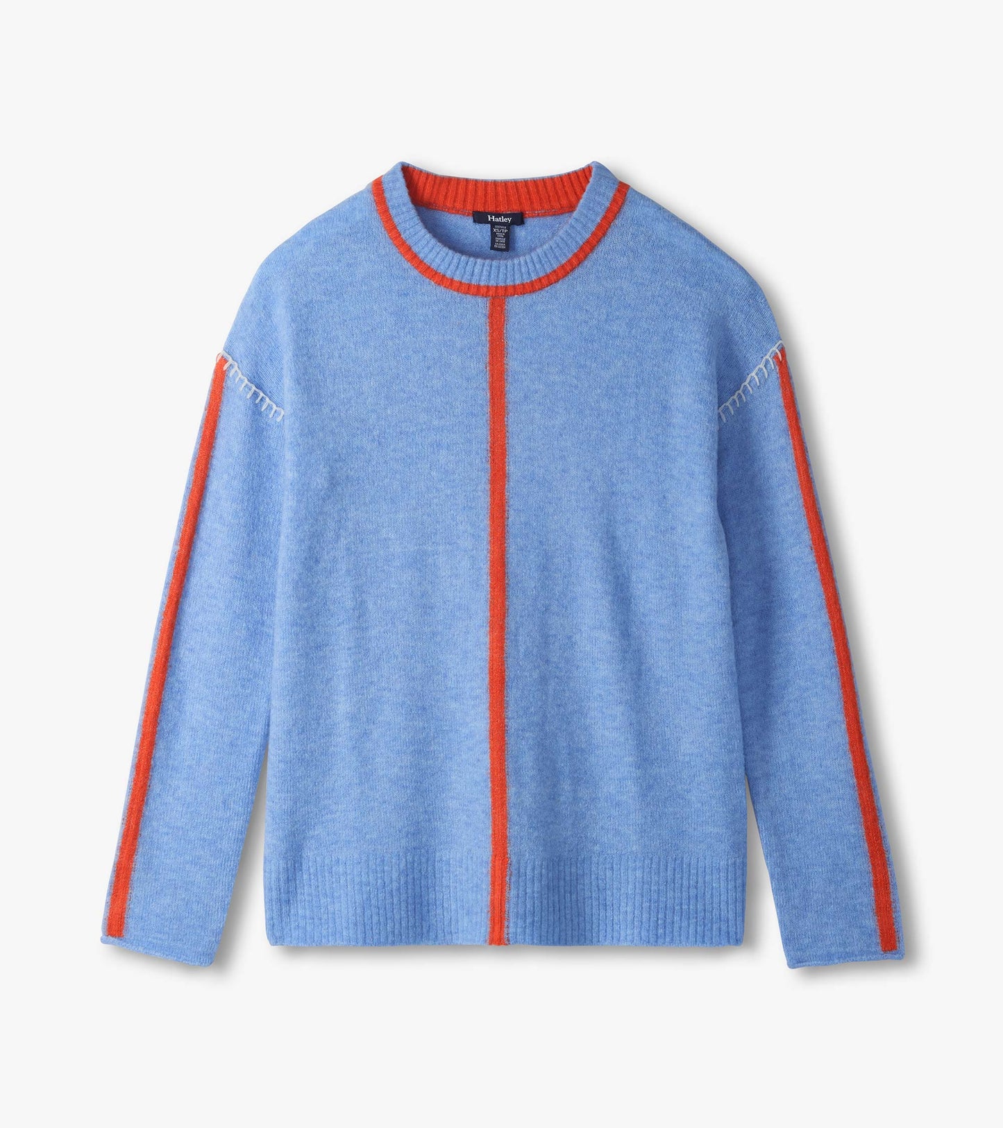 Azure blue Maeve sweater laid flat with orange center stripe, sleeve stripes, and crew neckline