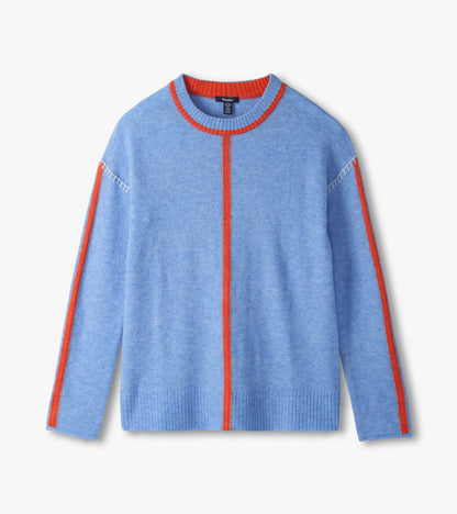 Azure blue Maeve sweater laid flat with orange center stripe, sleeve stripes, and crew neckline
