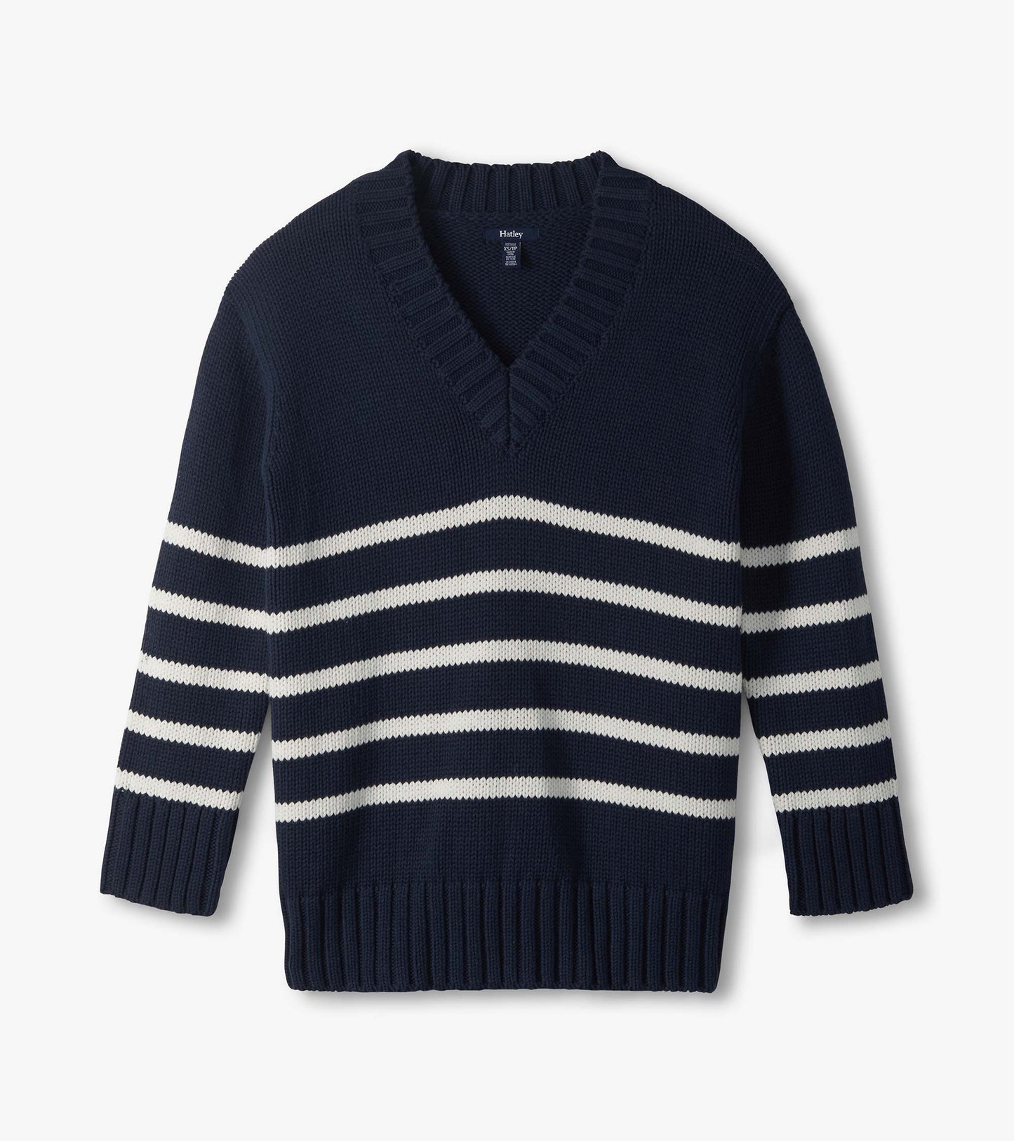 Navy V-neck sweater with cream horizontal stripes, shown flat with ribbed hem and cuffs