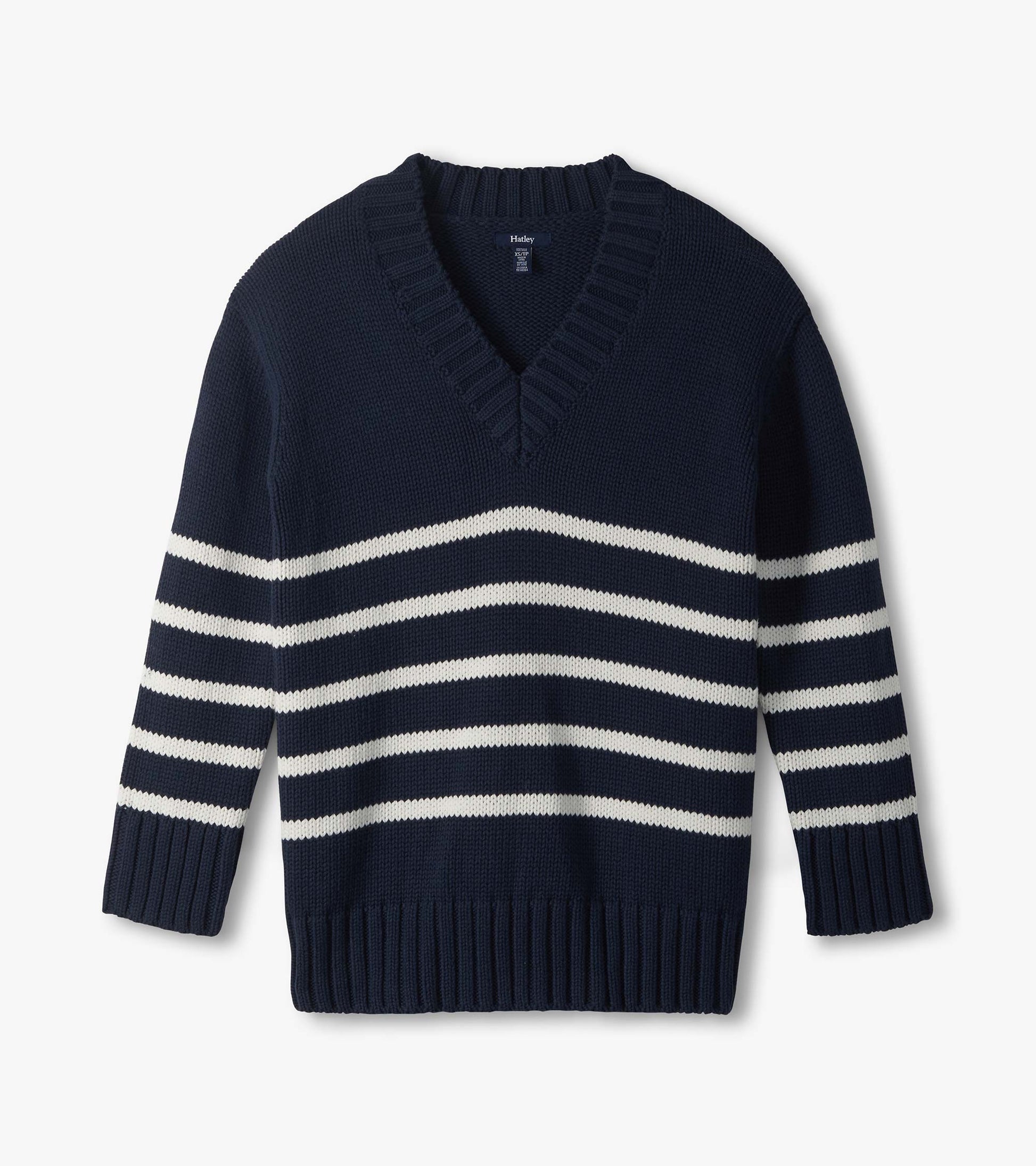 Navy V-neck sweater with cream horizontal stripes, shown flat with ribbed hem and cuffs