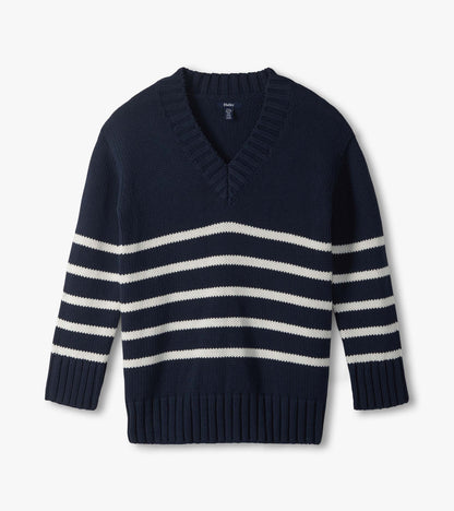 Navy V-neck sweater with cream horizontal stripes, shown flat with ribbed hem and cuffs