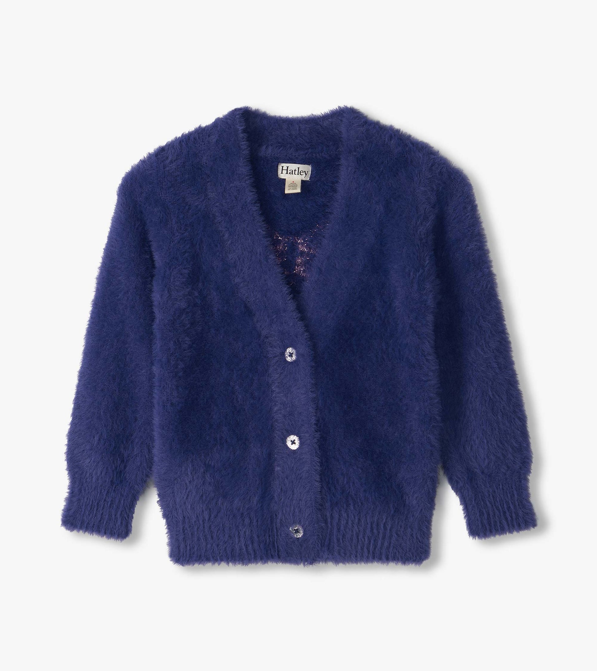 Front view of fuzzy blue cardigan with button front and ribbed cuffs