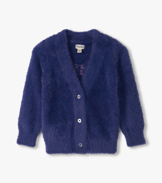 Front view of fuzzy blue cardigan with button front and ribbed cuffs