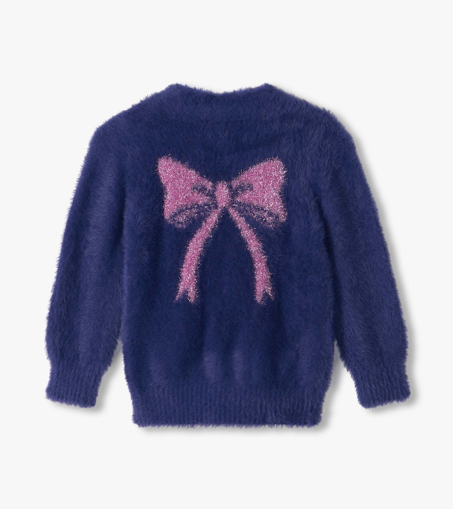 Back view of fuzzy blue cardigan with large pink bow graphic