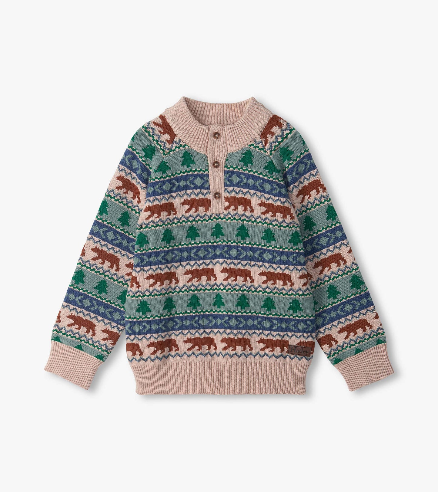 Front view of boys mock neck sweater with bear and tree Fair Isle pattern and three-button placket