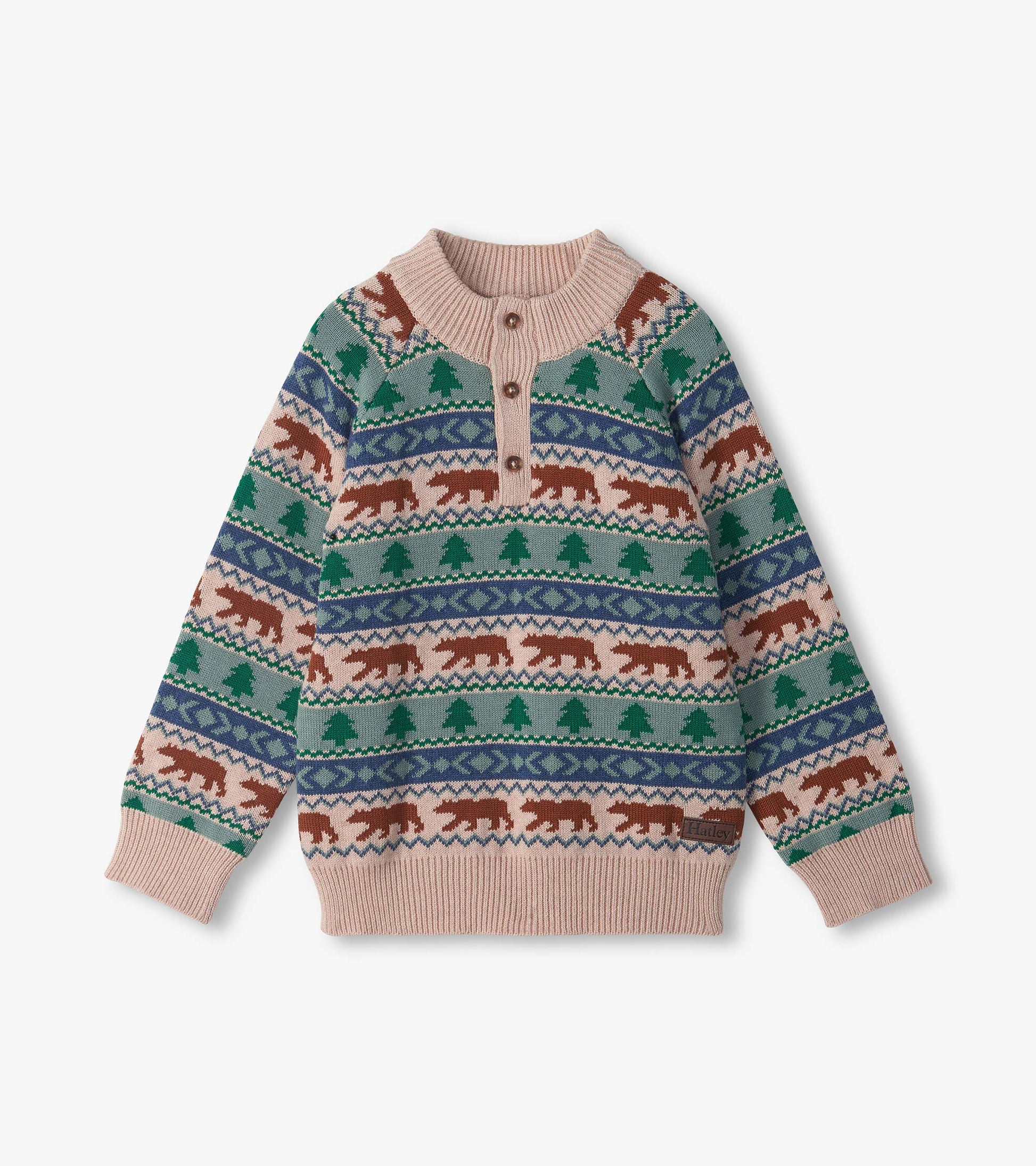 Front view of boys mock neck sweater with bear and tree Fair Isle pattern and three-button placket