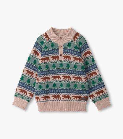 Front view of boys mock neck sweater with bear and tree Fair Isle pattern and three-button placket