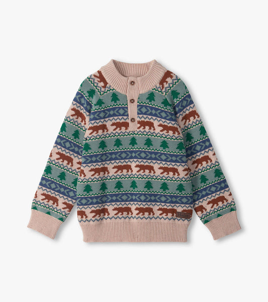 Front view of boys mock neck sweater with bear and tree Fair Isle pattern and three-button placket