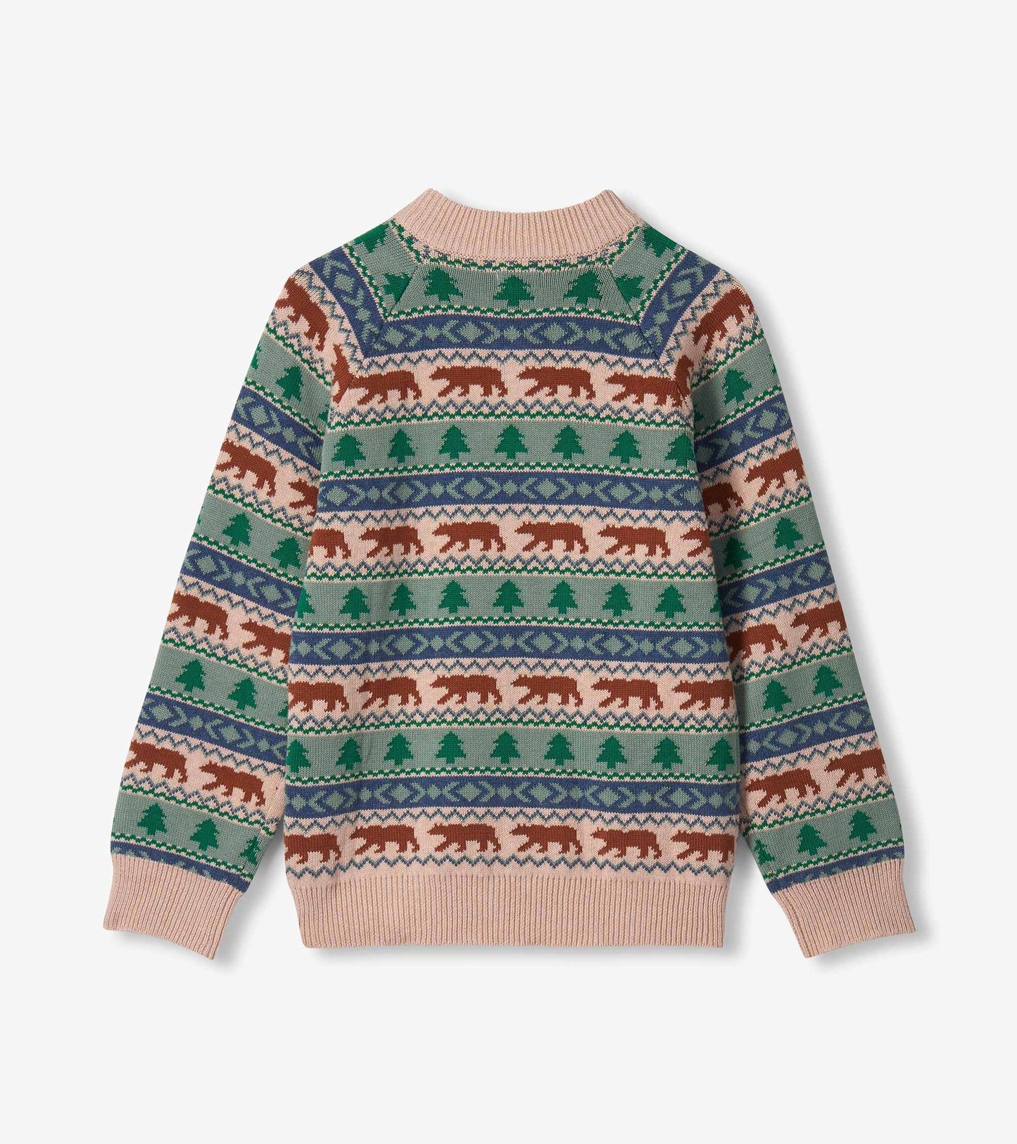 Back view of boys sweater with bear and tree Fair Isle pattern and ribbed mock neck