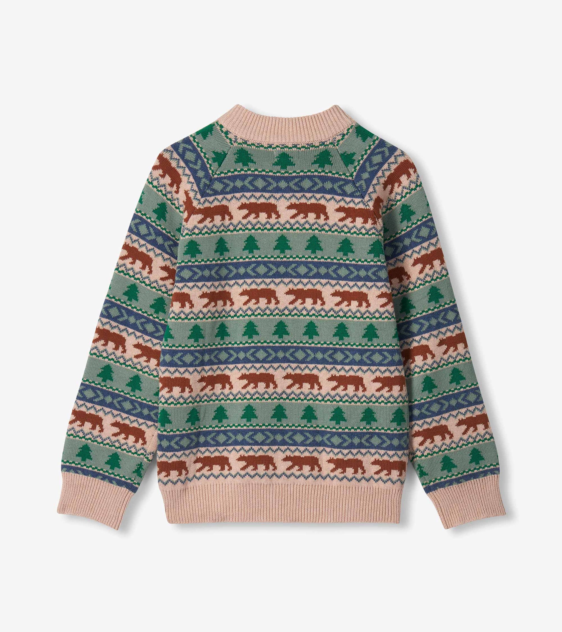 Back view of boys sweater with bear and tree Fair Isle pattern and ribbed mock neck