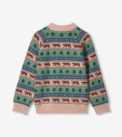 Back view of boys sweater with bear and tree Fair Isle pattern and ribbed mock neck