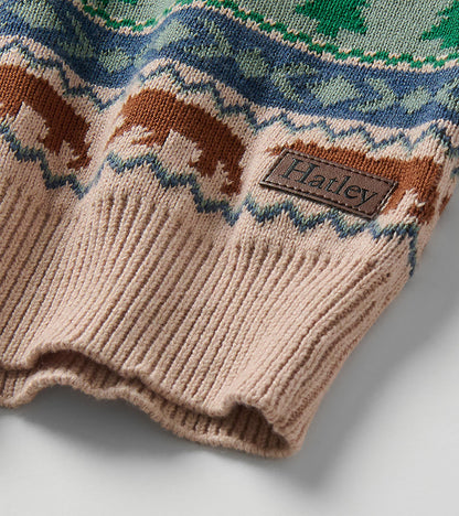 Close-up of sweater hem with ribbed trim, bear pattern, and visible Hatley logo patch
