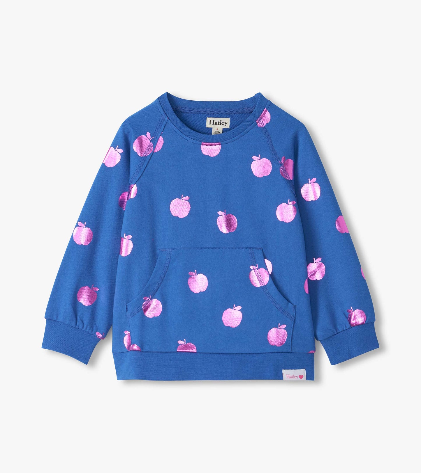 Blue girls pullover sweatshirt with pink foil apple print, crewneck, front pouch pocket, and ribbed cuffs