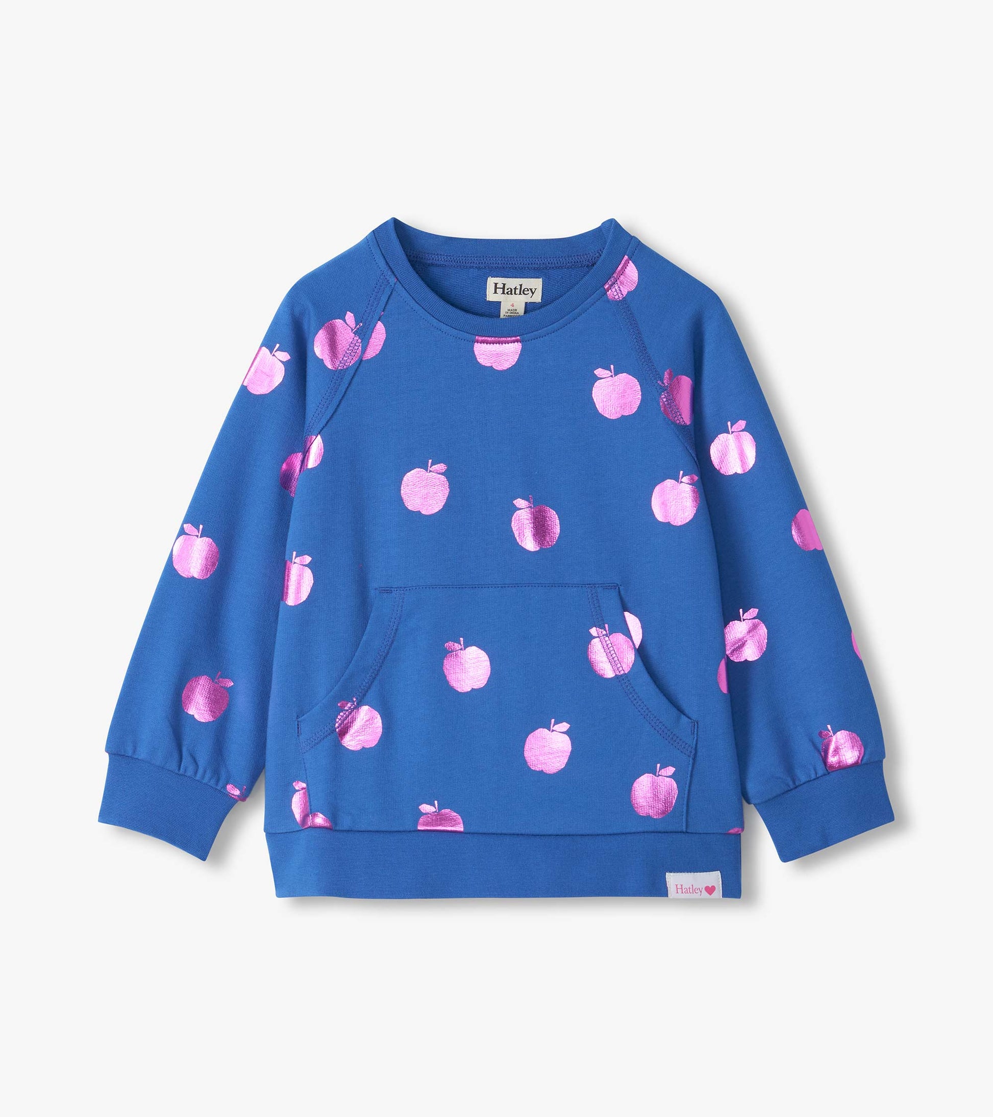 Blue girls pullover sweatshirt with pink foil apple print, crewneck, front pouch pocket, and ribbed cuffs