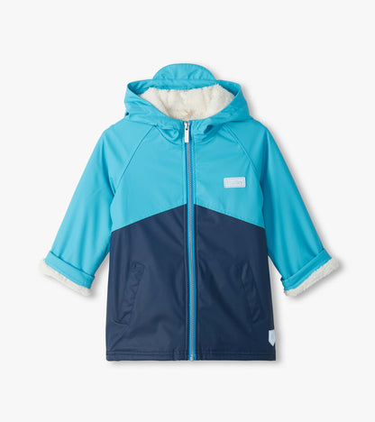 Boys Blue Colourblock Sherpa Lined Rain Jacket