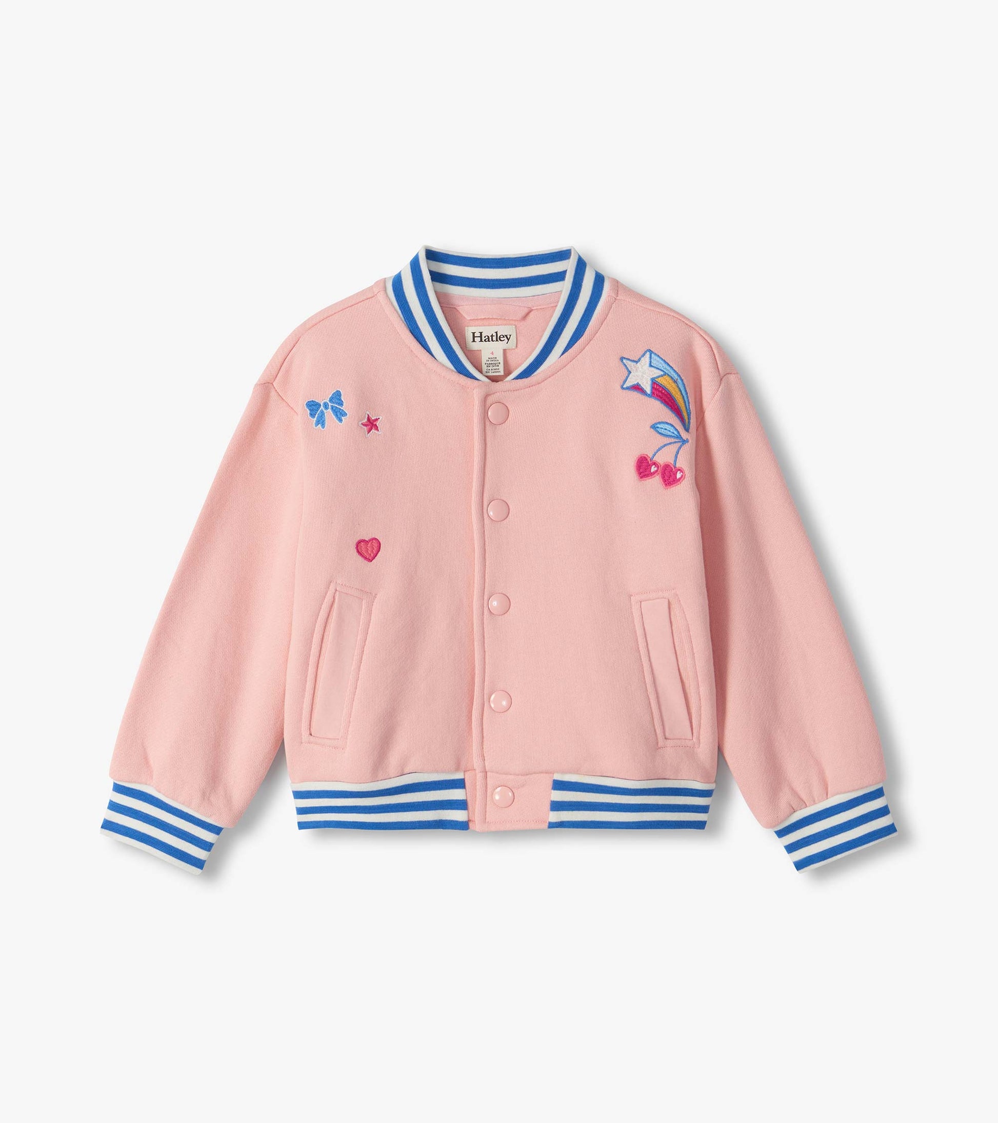 Front view of pink varsity bomber jacket with blue striped trim, snap buttons, pockets, and heart and star patches