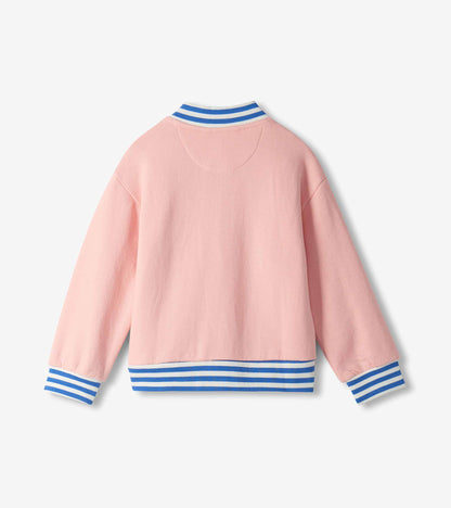 Back view of pink varsity bomber jacket with blue and white striped collar, cuffs, and hem