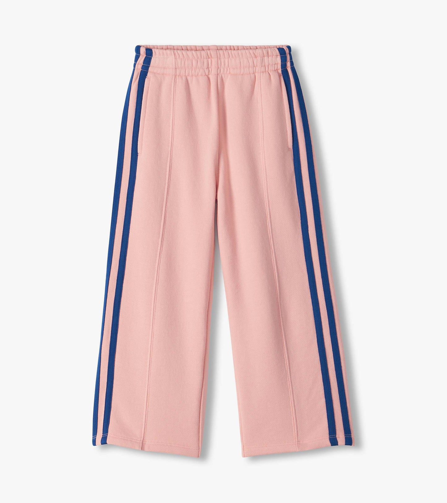 Pink wide leg track pants with elastic waistband and blue side stripes