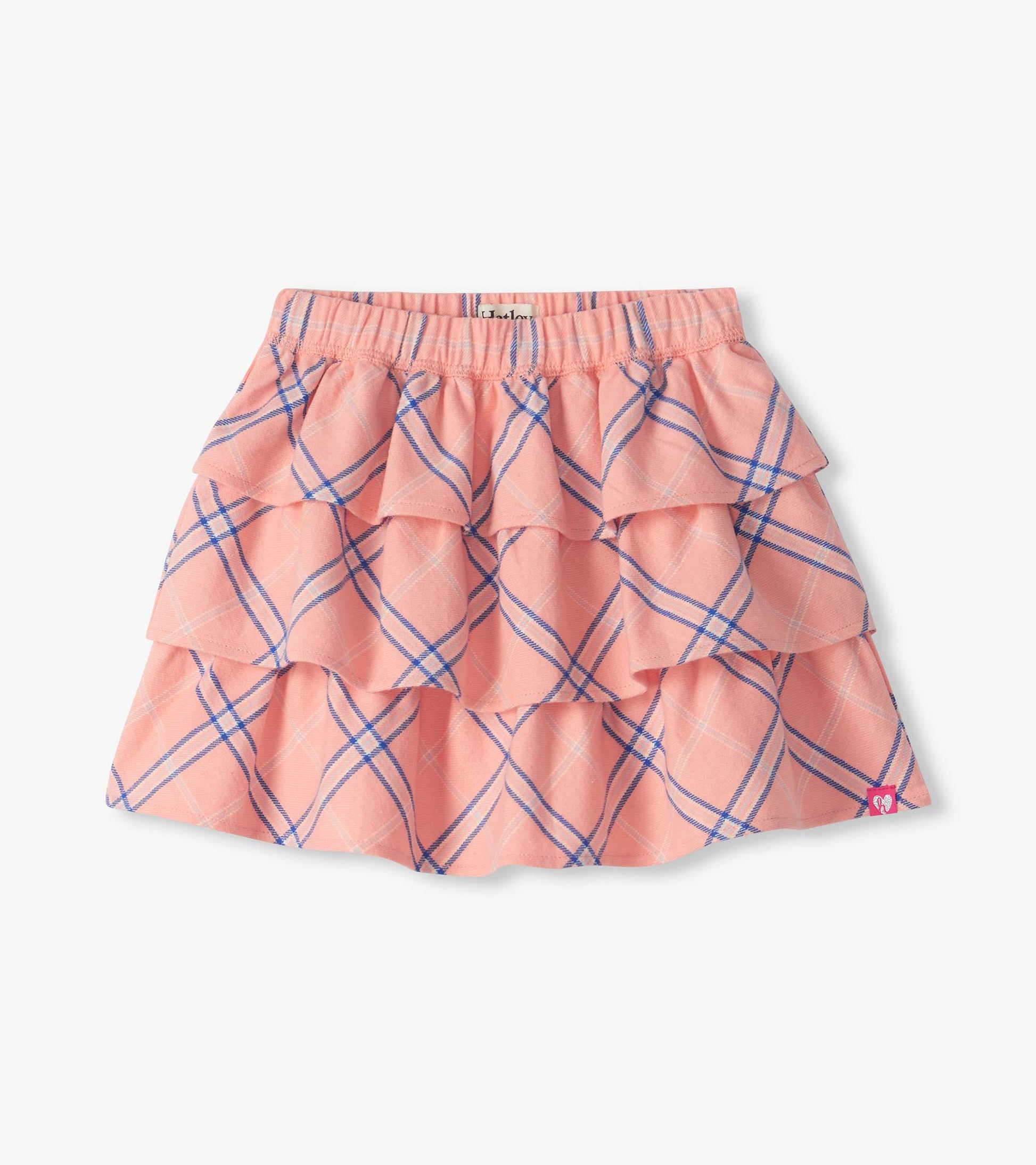 Girls pink plaid ruffle skirt with tiered flounces and elastic waistband