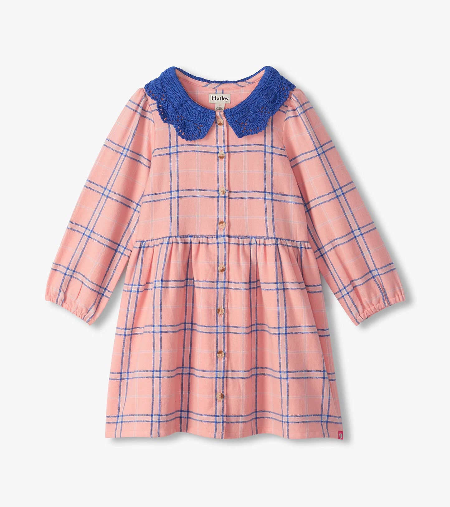 Kids pink plaid button-front dress with long sleeves, gathered waist, and blue scalloped collar