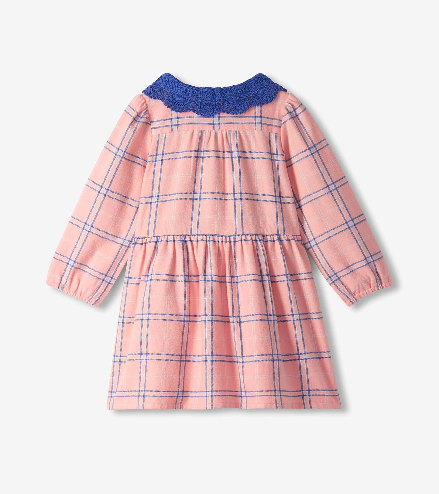 Back view of girls pink plaid long-sleeve dress with blue crochet collar and gathered skirt