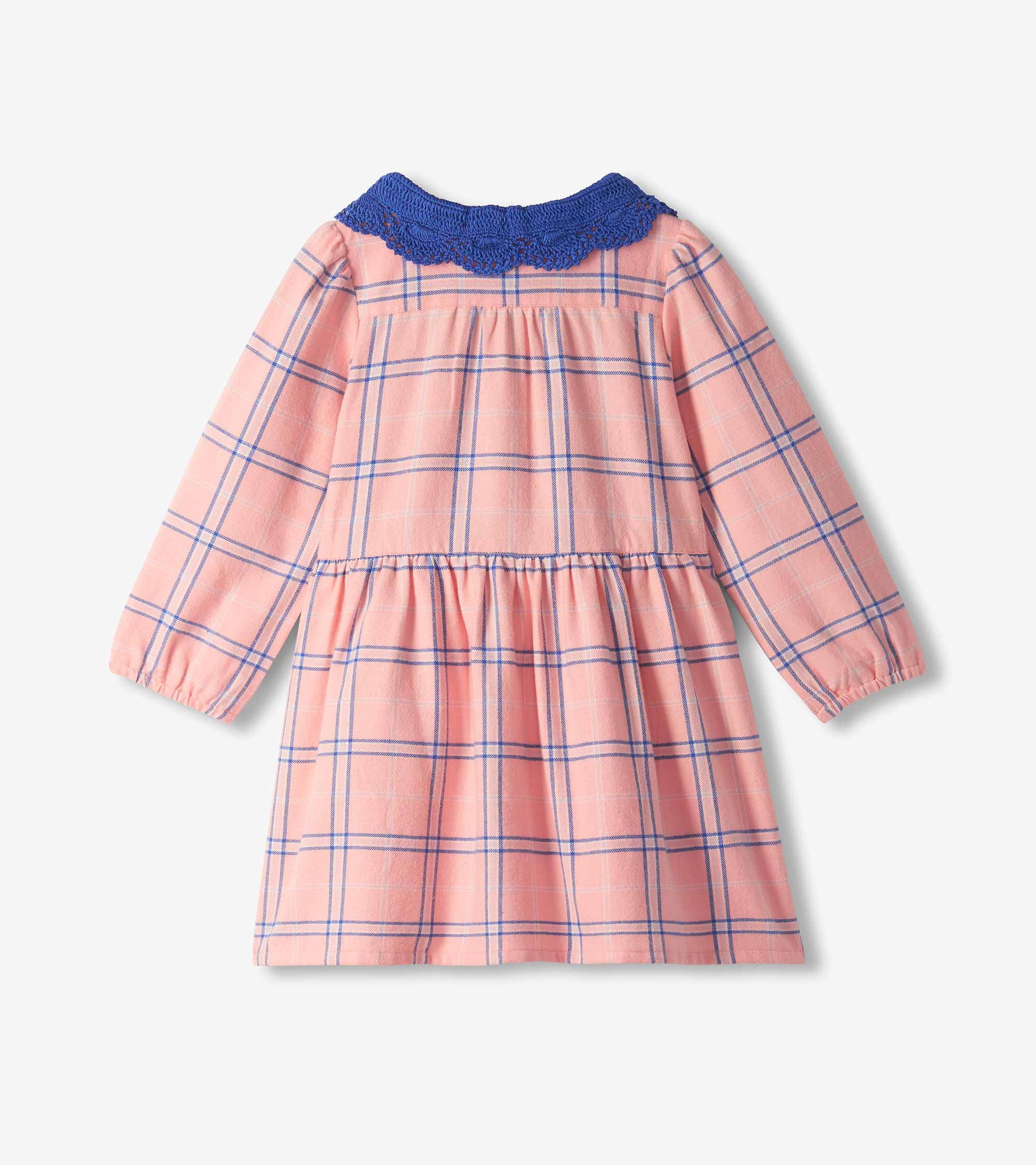 Back view of girls pink plaid long-sleeve dress with blue crochet collar and gathered skirt