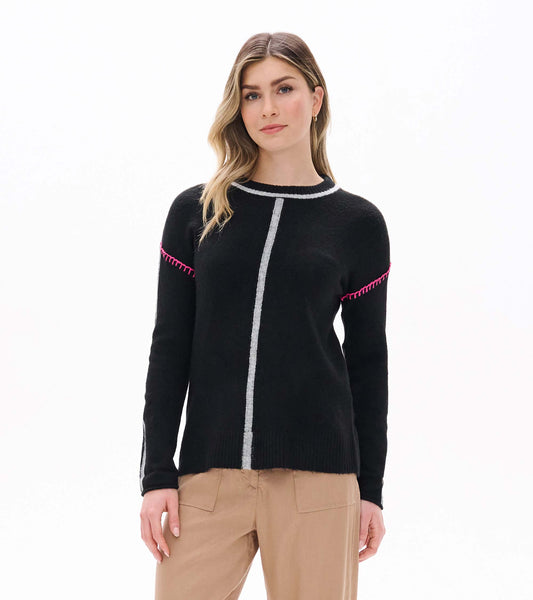 Front view of black Maeve sweater with grey center and sleeve stripes and pink stitching at the shoulders