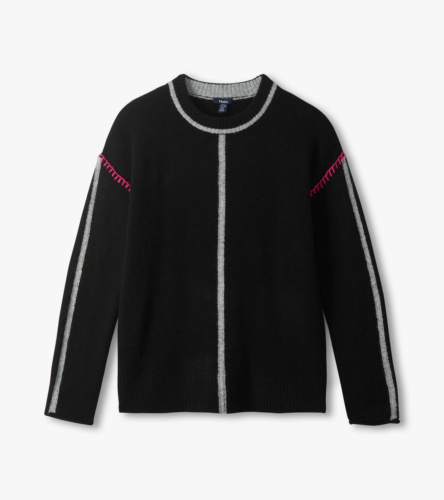 Black crewneck sweater laid flat with grey center and sleeve stripes and pink shoulder stitching