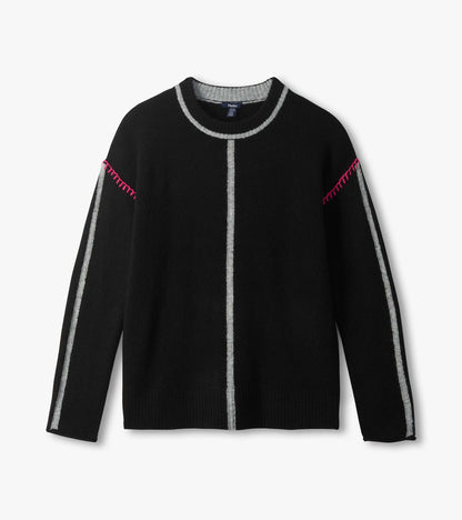 Black crewneck sweater laid flat with grey center and sleeve stripes and pink shoulder stitching