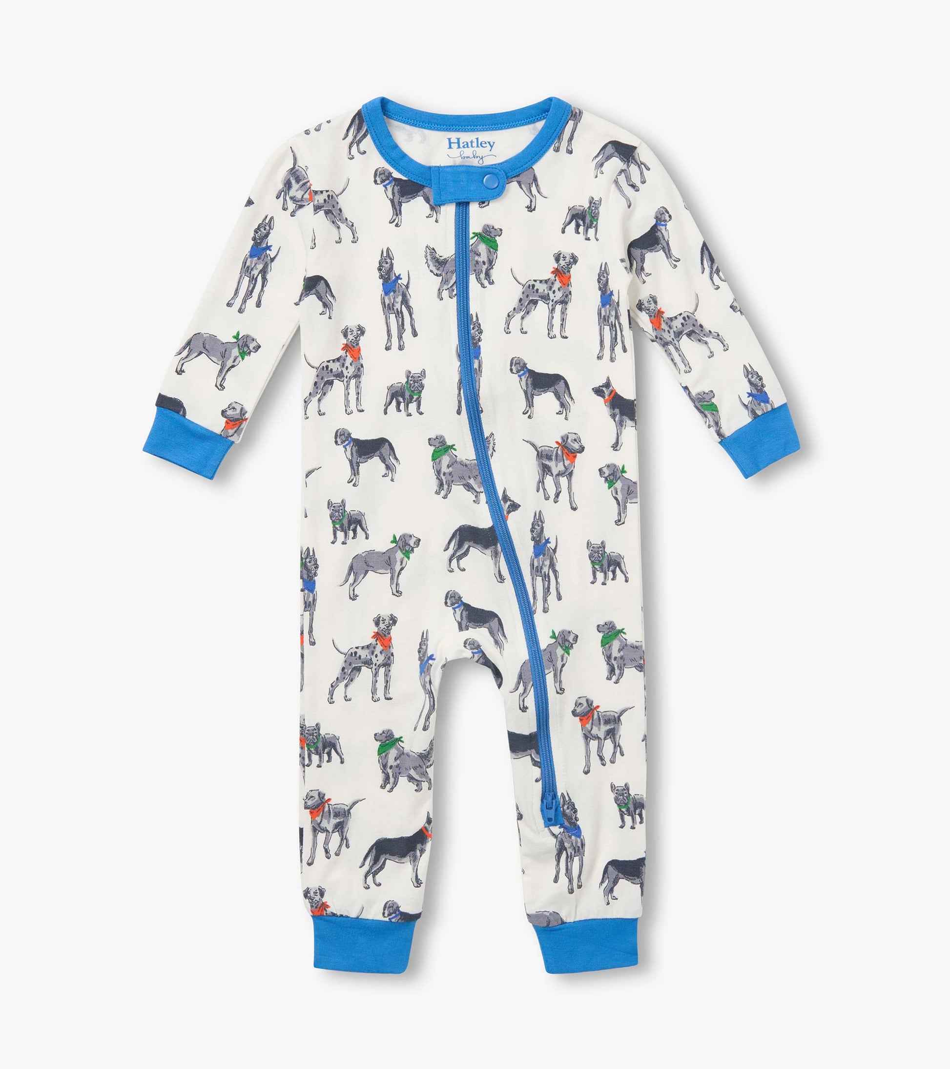 Front view of baby coverall with dog print, blue trim, blue cuffs, and asymmetrical zip closure