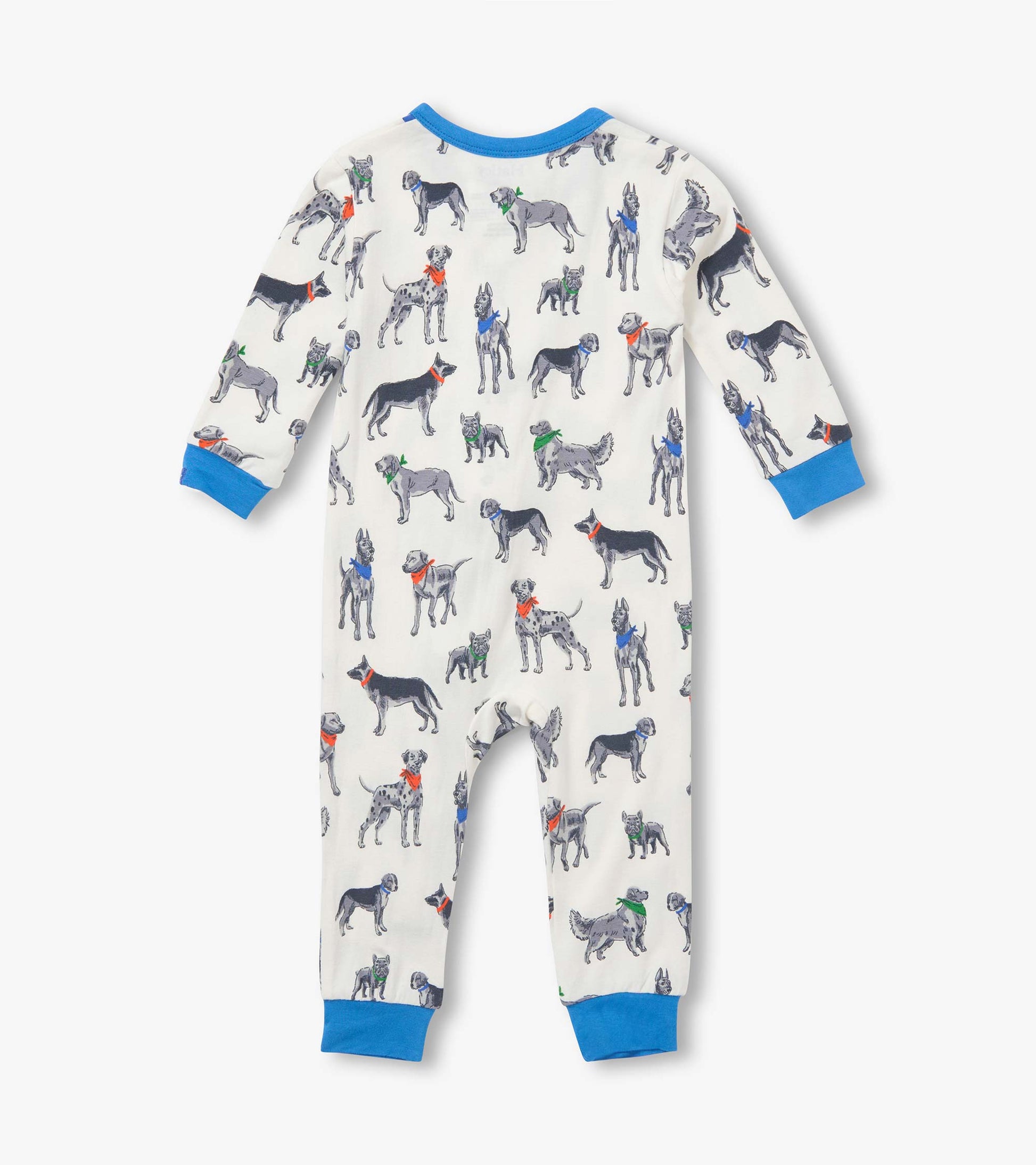 Back view of baby coverall with multicolored bandana dog print and blue cuffs
