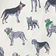 Pattern of illustrated gray and black dogs with red and green accents on a white background