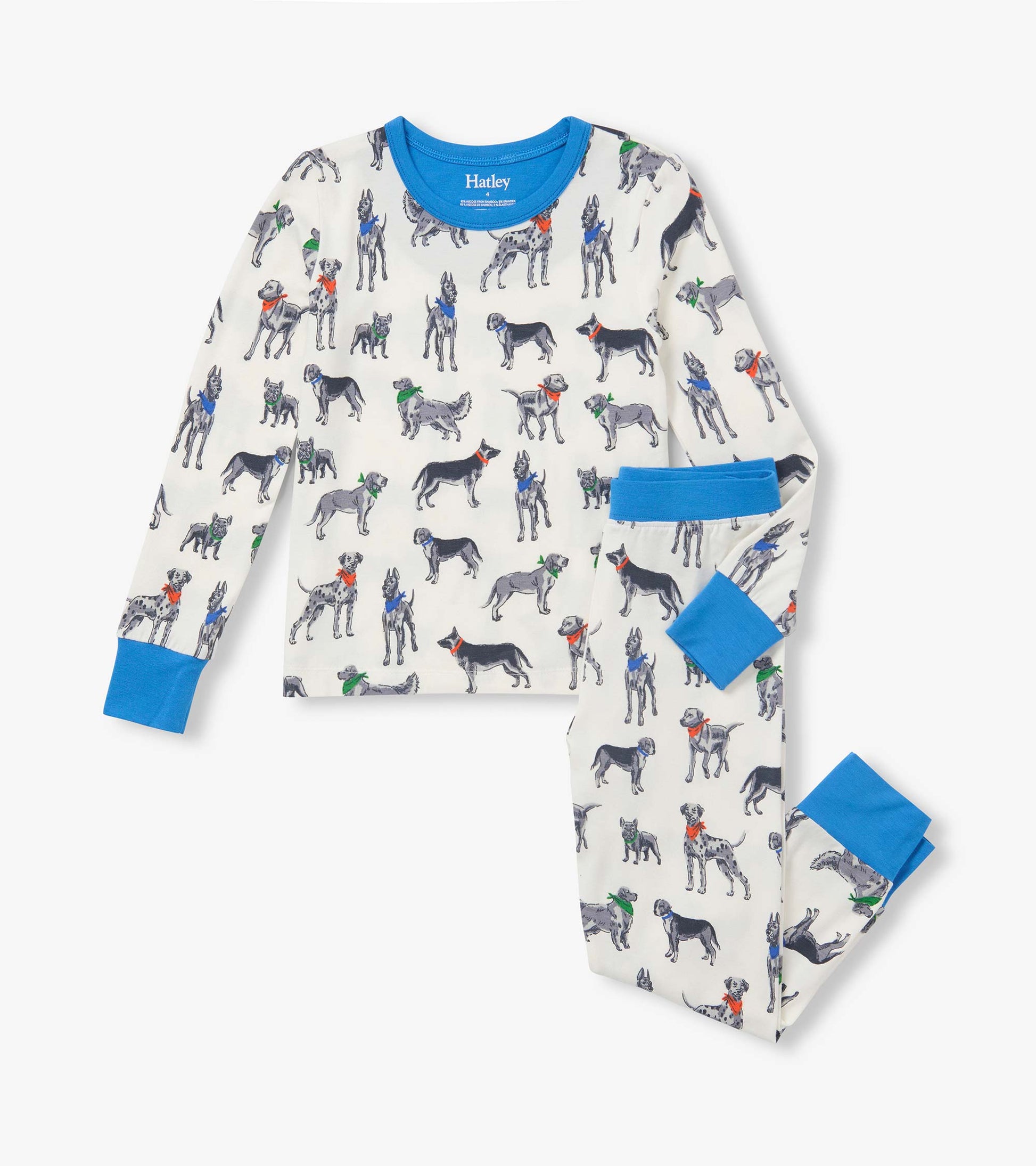 Kids pajama set with dog print, blue crew neck, blue cuffs, and matching pants