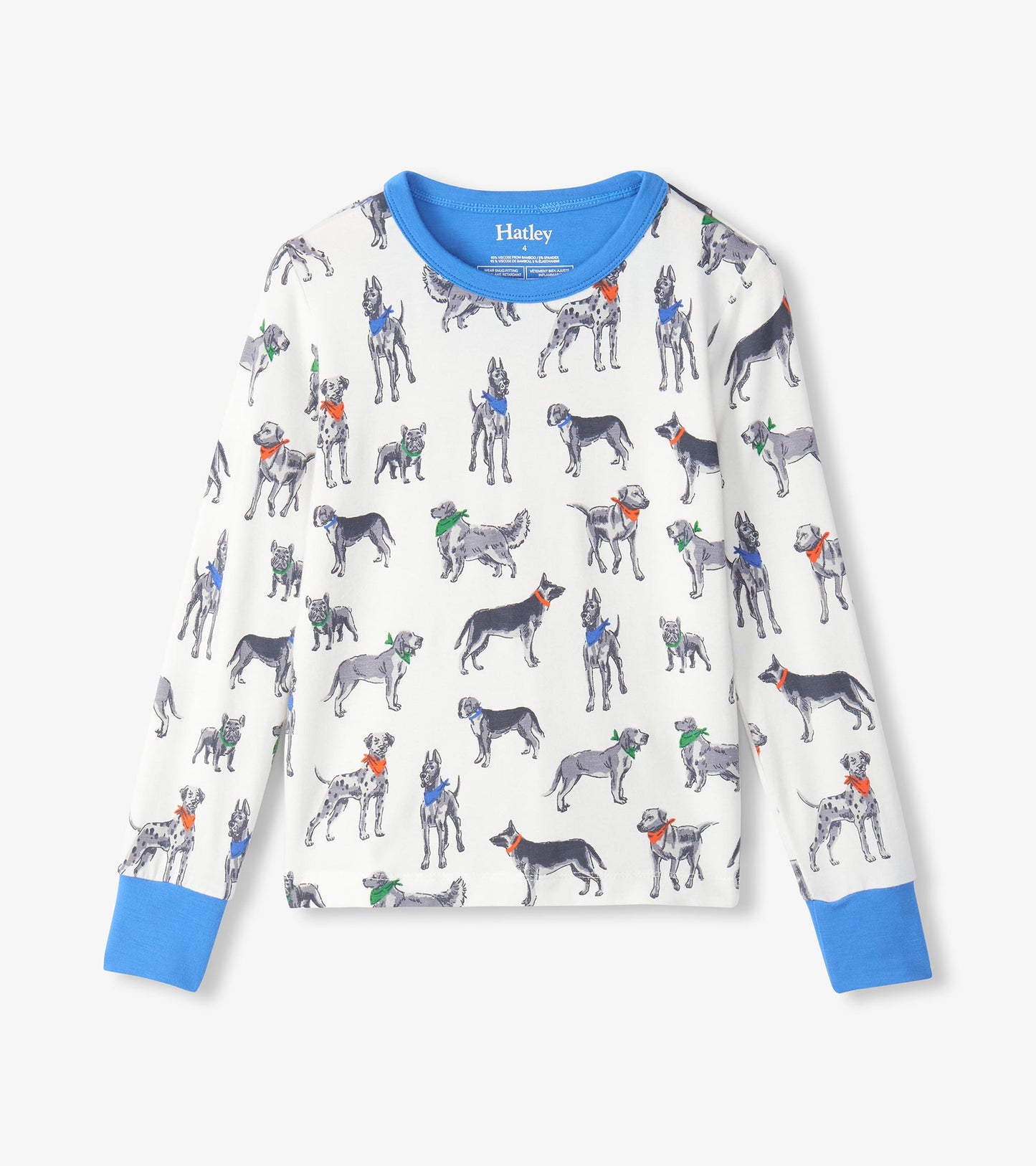 Pajama top in white with grey dog print, colorful bandanas, and bright blue neck and sleeve cuffs