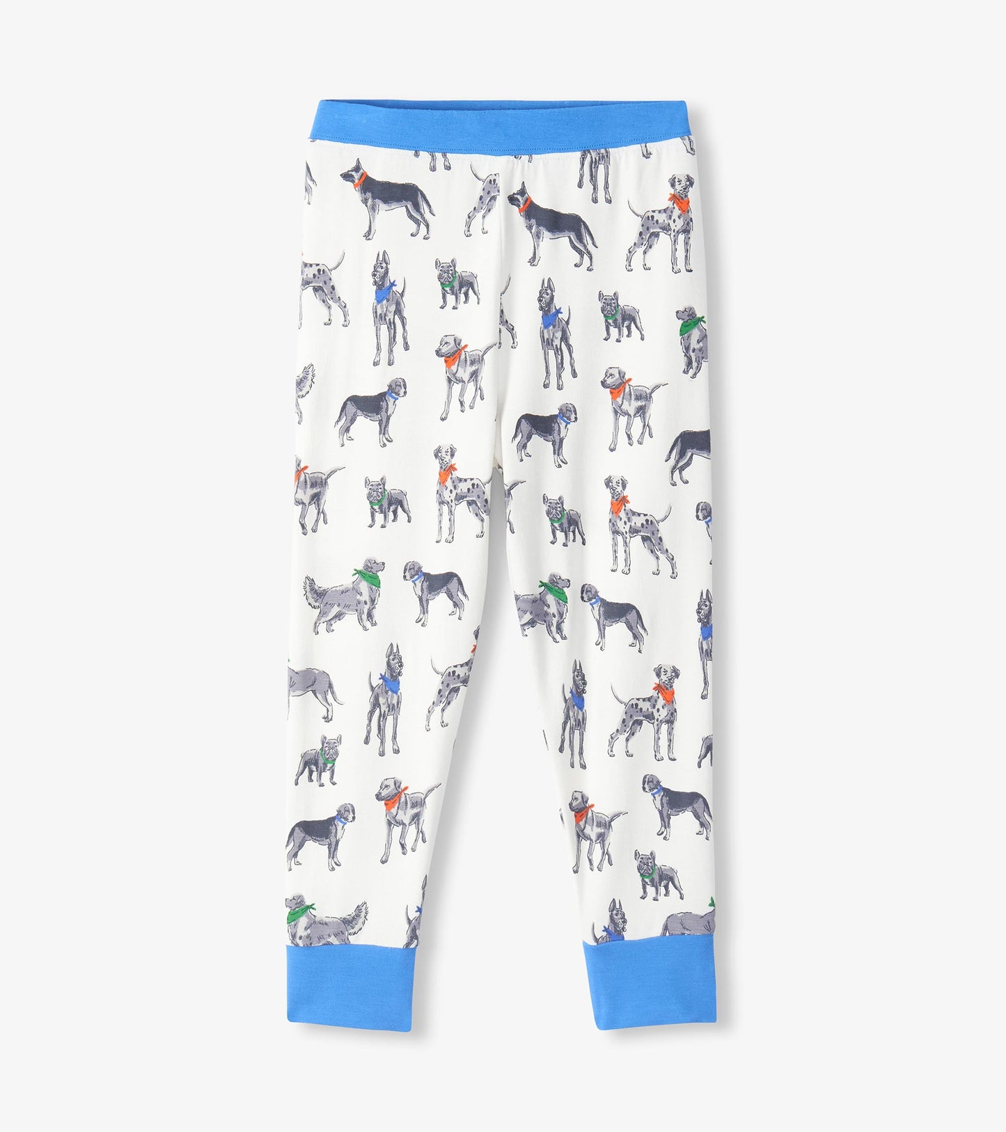 Pajama pants in white with grey dog print, colorful bandanas, and bright blue waistband and ankle cuffs