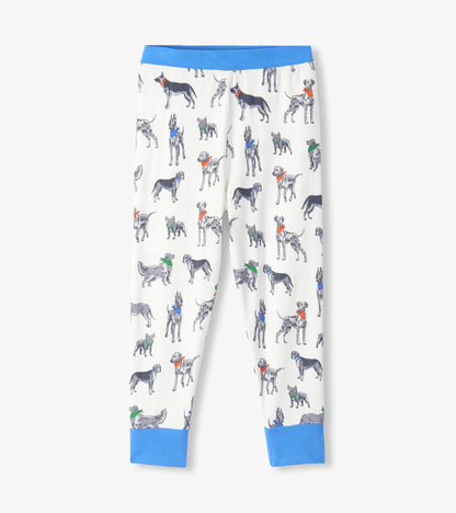 Pajama pants in white with grey dog print, colorful bandanas, and bright blue waistband and ankle cuffs