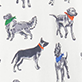 Six dog illustrations in different poses and colors on a white background